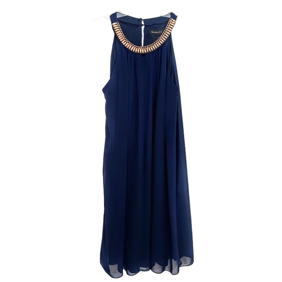 SCARLETT Cocktail Dress Sz 16 NAVY BLUE  GOLD CHAIN Neckline Sleeveless Keyhole - Picture 3 of 16